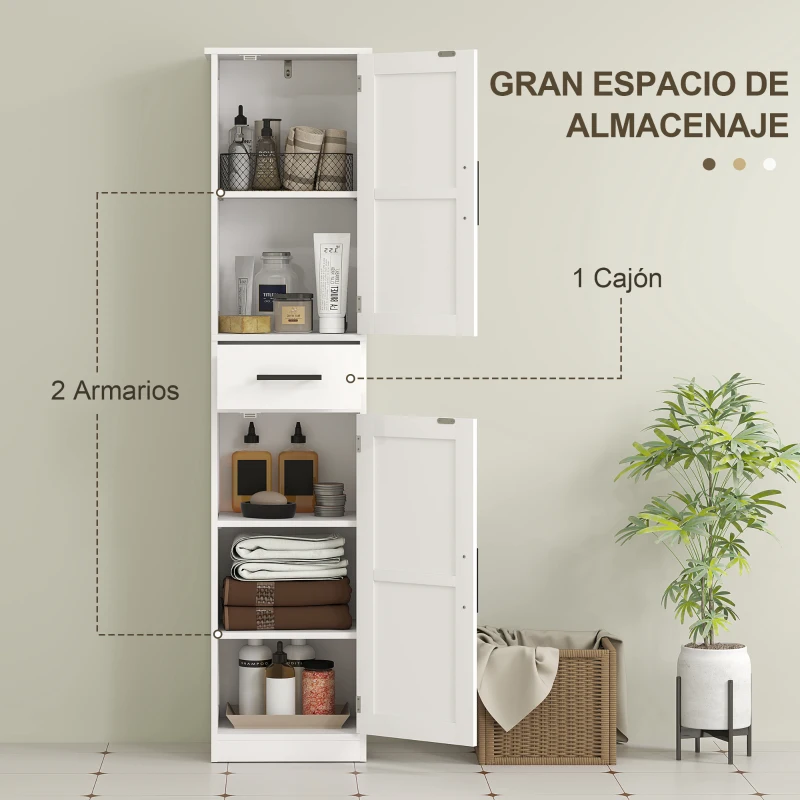 HOMCOM Armario Alto de Baño Estrecho con 2 Puertas 1 Cajón y 2 Estantes Ajustables Estilo Rústico 40x30x170 cm Blanco