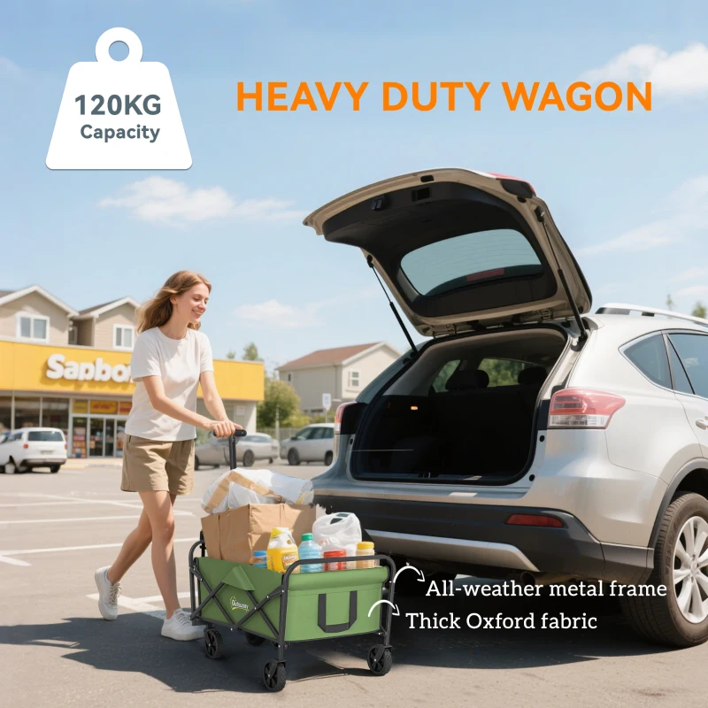Outsunny 62L Festival Trolley on Wheels, Garden Folding Trolley Cart, 120kg Heavy Duty Collapsible Folding Wagon with Adjustable Handle and Carrying Bag for Beach, Camping, Festival, Green