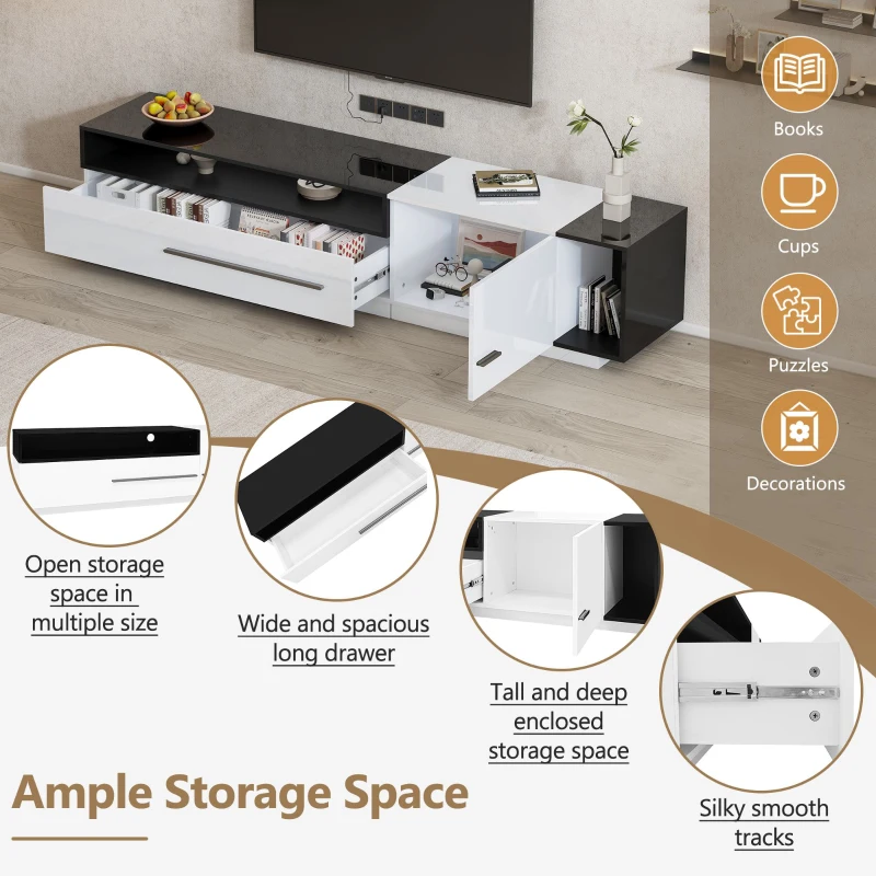 TV Unit with Storage, Waterproof and Scratch- resistant Surface, Up 70in TV Size - White+Black