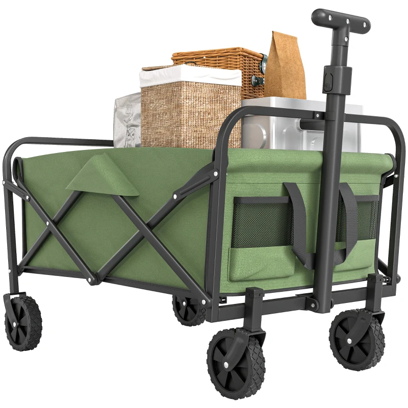Outsunny 62L Festival Trolley on Wheels, Garden Folding Trolley Cart, 120kg Heavy Duty Collapsible Folding Wagon with Adjustable Handle and Carrying Bag for Beach, Camping, Festival, Green