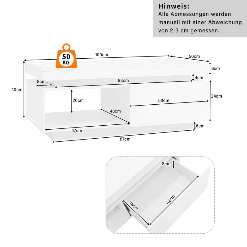 High Gloss LED Coffee Table with Storage Drawer, Display Shelf, Modern Centre Table with Remote-Controlled Lighting, 100L x 50W x 40H cm, White