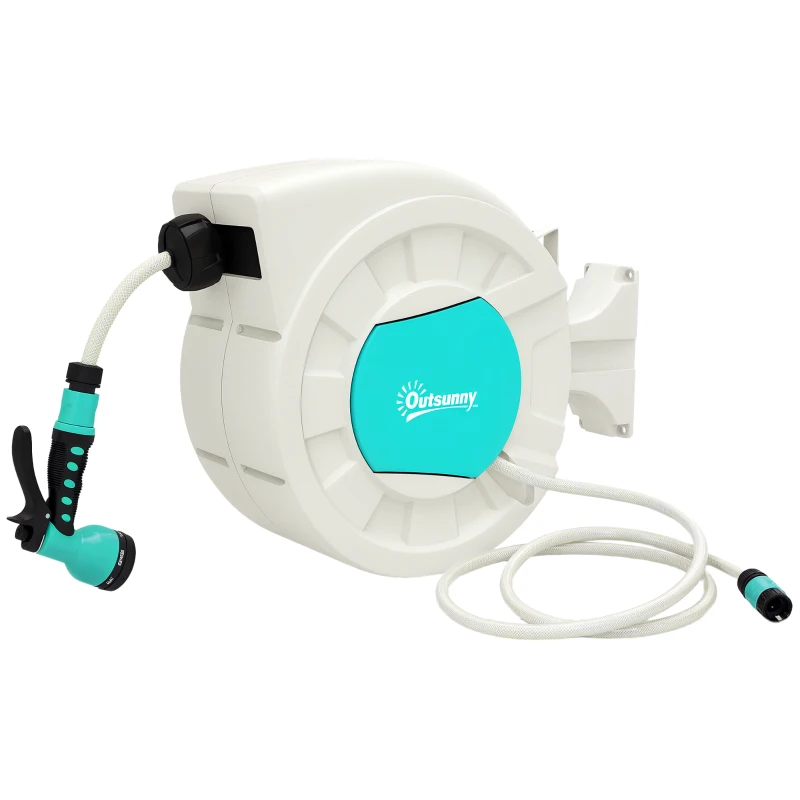 Outsunny Carretel de Mangueira para Jardim 20+2 m com 7 Bocais Função de Bloqueio Retorno Automático e Giro de 180° Cinza Claro