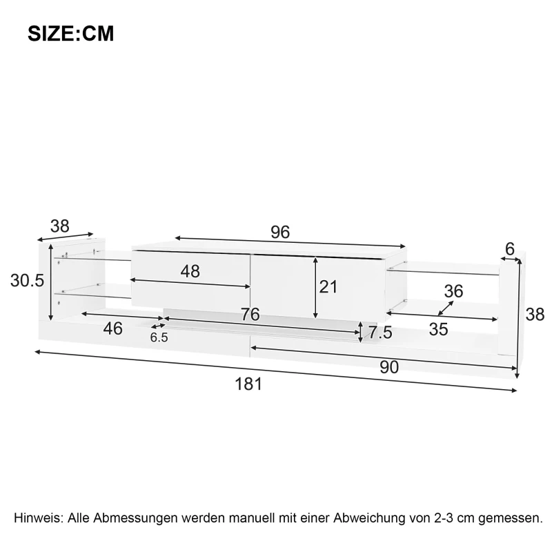 Open Glass Storage TV Stand with LED Lights, Modern Entertainment Centre with High Gloss Finish, Sliding Doors, 181L x 38W x 38H cm, White