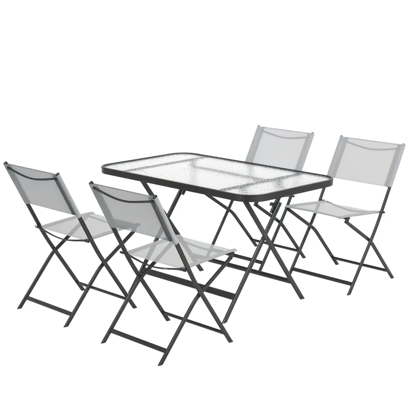 Outsunny Conjunto de Mesa y 4 Sillas de Jardín Plegable con Mesa de Vidrio Templado Estilo Moderno para Terraza Patio Gris
