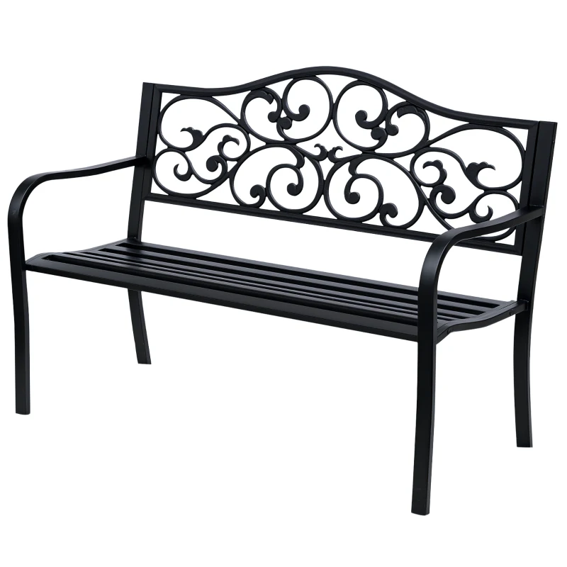 Outsunny Banco de Jardim de Aço Banco de Exterior com Encosto e Apoio para os Braços para Pátio Varanda 127x60x89 cm Preto