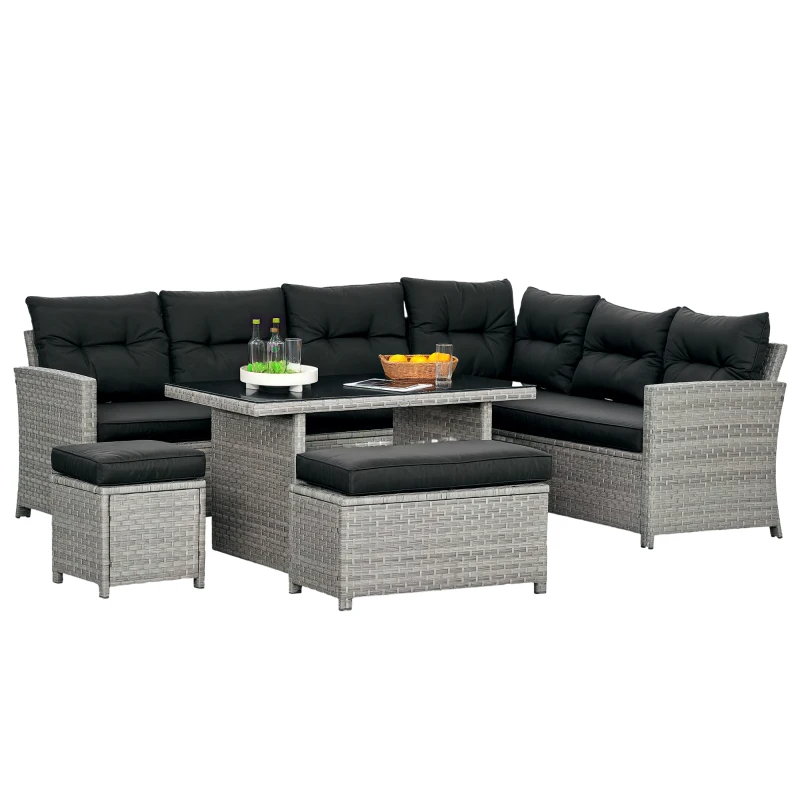 Outsunny 5-Piece Rattan Patio Furniture Set with Corner Sofa, Footstools, Glass Coffee Table, Cushions, Mixed Grey