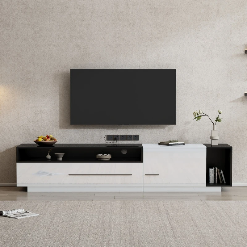 TV Unit with Storage, Waterproof and Scratch- resistant Surface, Up 70in TV Size - White+Black