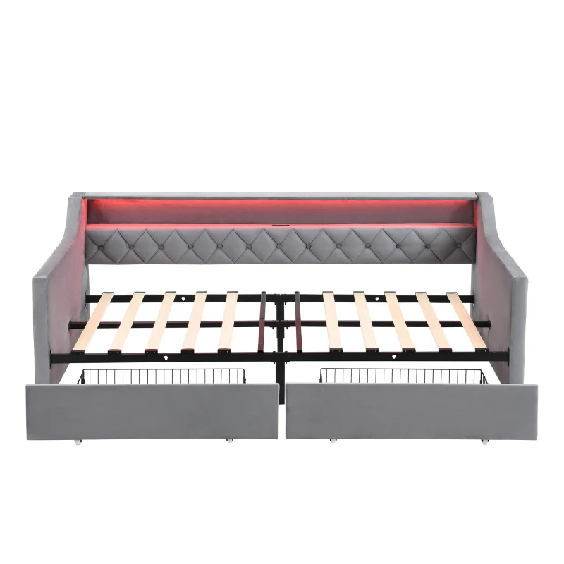 3FT Sofa Bed with 2 Drawers on Wheels, Light Strip, Charging Port, Upholstered Single Bed with Velvet Finish, 206L x 104W x 74H cm, Grey