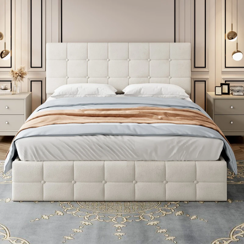 Velvet Double Bed with Hydraulic Storage, Adjustable Button Tufted Headboard, Upholstered Storage Bed Frame, 195L x 145W x 116H cm, Beige