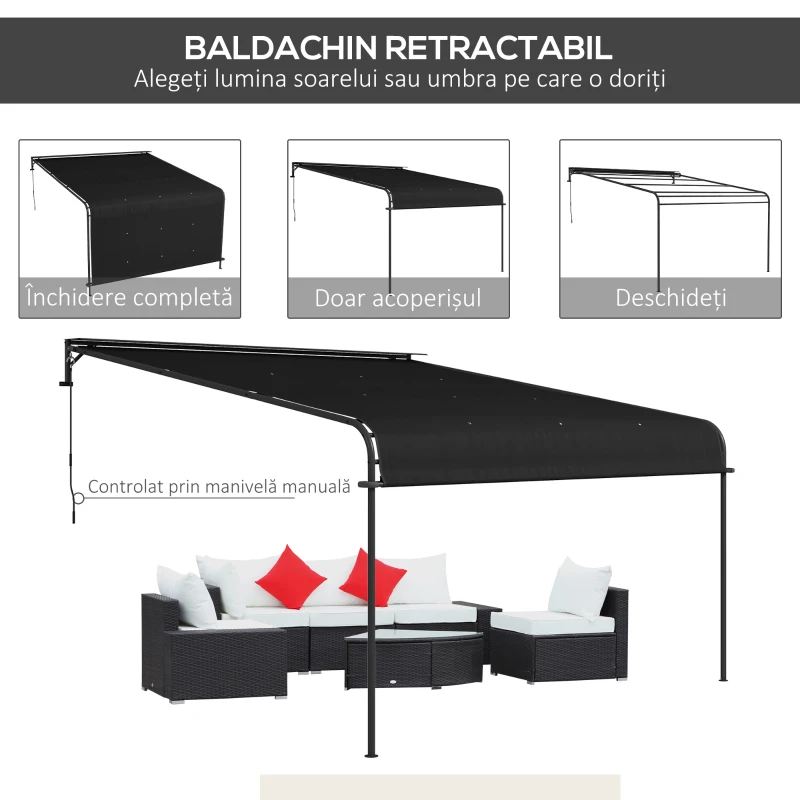 Outsunny Pergola Inclinata de 3 x 4m cu Copertina Retractabila si Manivela Manuala, Foisor de Gradina Montat pe Perete