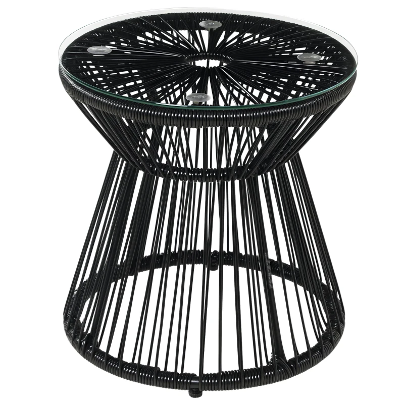 Outsunny Round End Table, Rattan Side Table, Hollow Drum Design Coffee Table w/ Glass Tabletop for Patio, Garden, Balcony Black