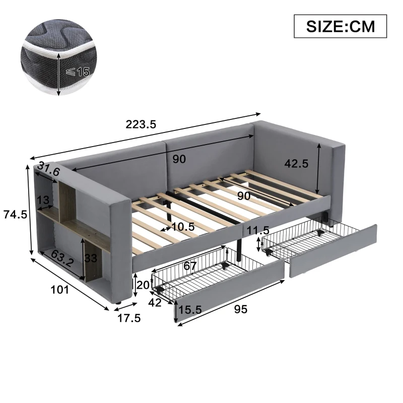 3FT Upholstered Single Bed with 2 Drawers, Side Compartments, Easy Assembly, Daybed Sofa Bed with Storage, 223.5L x 101W x 74.5H cm, Grey