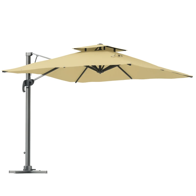 Outsunny Parasol déporté 3 m carré rotatif à 360° avec mécanisme hydraulique toit à double base croisée mât en aluminium beige