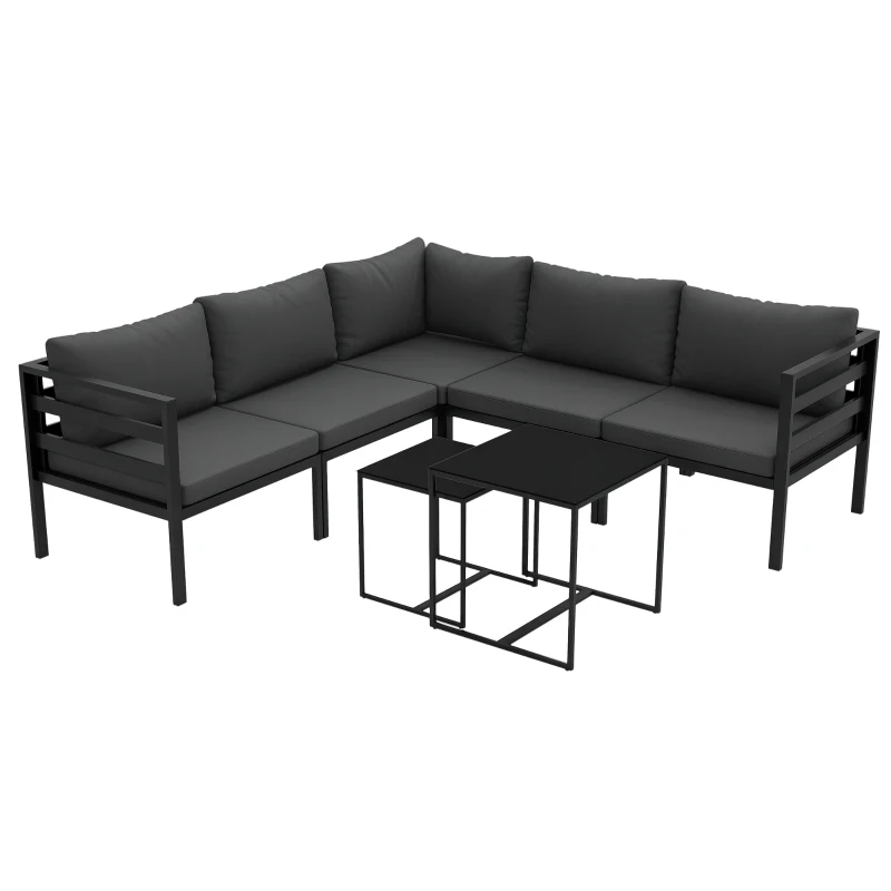 Outsunny Conjunto de Móveis de Jardim 7 Peças Inclui 4 Sofás de Exterior 1 Sofá de Canto e 2 Mesas de Centro para Pátio Cinza