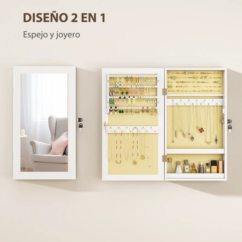HOMCOM Espejo Joyero de Pared con Cerradura y Varios Compartimentos Montar en Pared o Puerta Blanco y Forro Crema