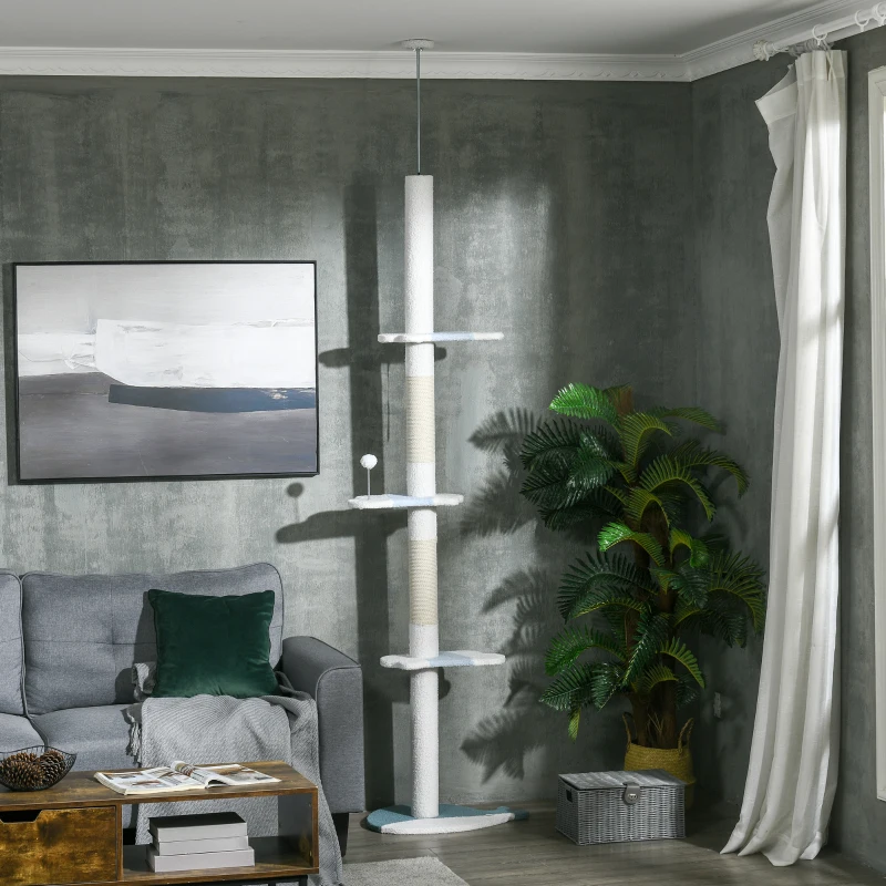 PawHut Albero Tiragraffi per Gatti a Soffitto con Palo Regolabile da 225-255 cm, Pallina e Piattaforme, Bianco