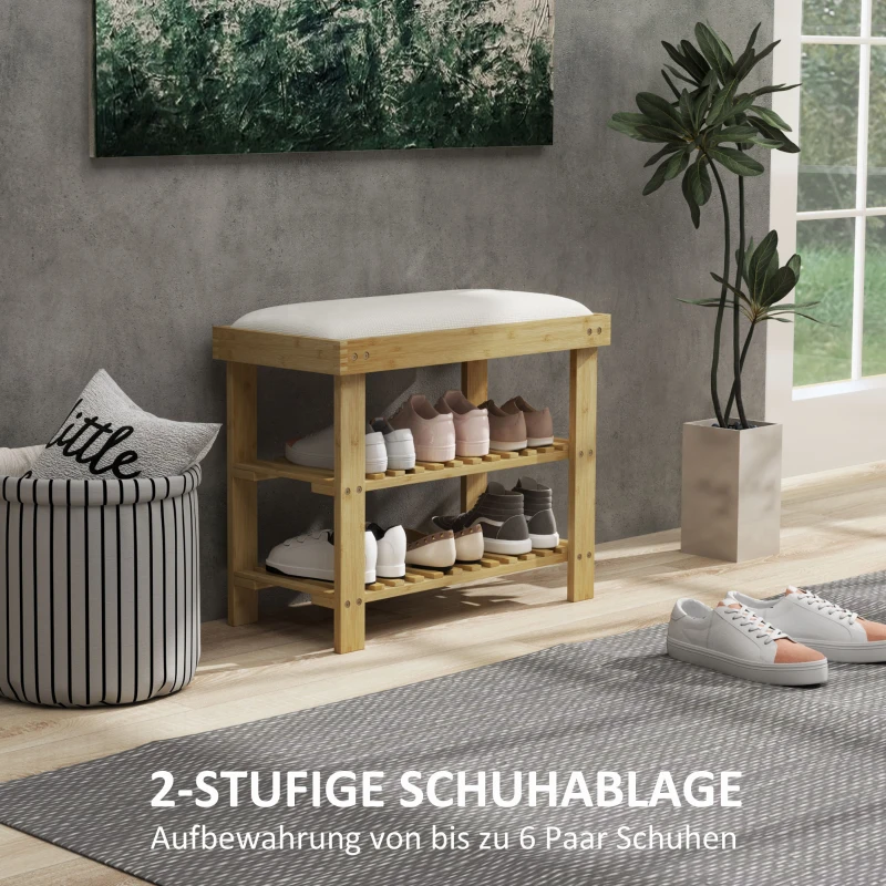 HOMCOM Schuhbank mit Sitzfläche, Bambus Sitzbank mit Stauraum, 2 offene Fächer, Sitzbank 60 x 29 x 49 cm Cremeweiß