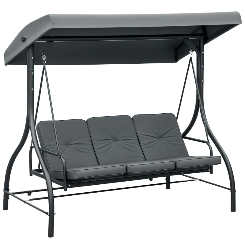 Outsunny 3 Seater Canopy Swing Chair, 2 in 1 Garden Swing Seat Bed, with Adjustable Canopy and Metal Frame, Dark Grey
