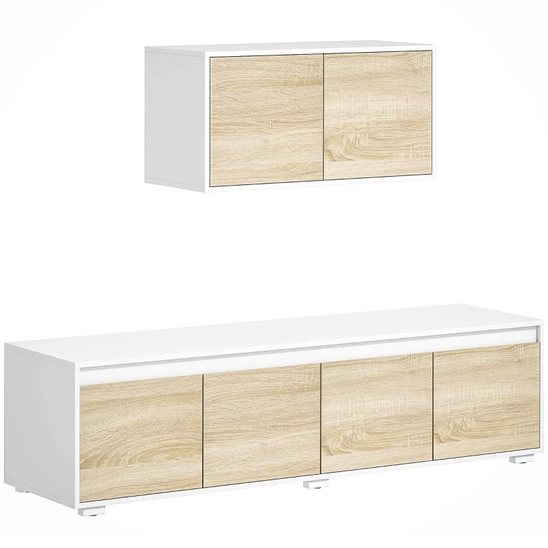 HOMCOM 2 Pieces TV Unit Set with Wall Cabinet, Freestanding Entertainment Unit for 70-inch TVs, Wall Mounted Storage Cupboard, with Adjustable shelves and Cable Holes, Natural
