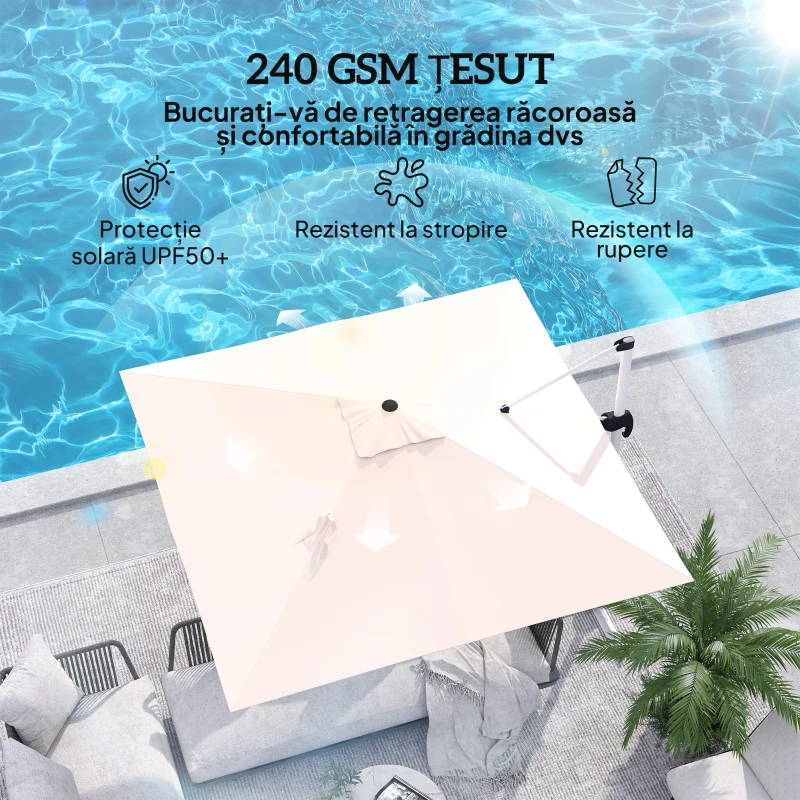 Outsunny Umbrelă Suspendată Înclinabilă cu Manivelă și Bază în Cruce, UPF50+, Kaki