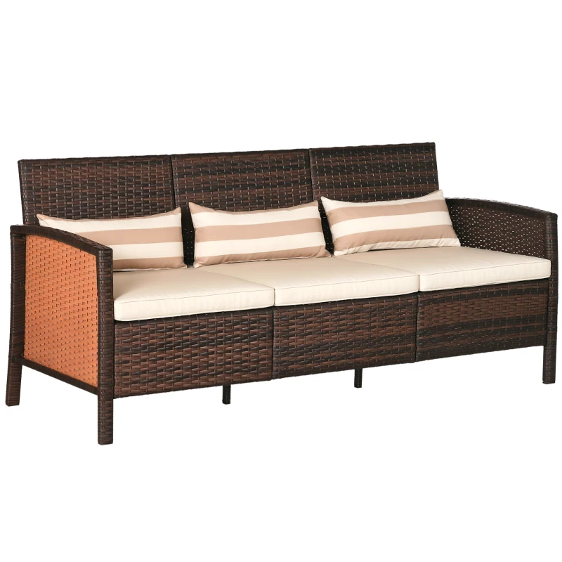 Outsunny Divano da Giardino a 3 Posti in Rattan PE e Acciaio, 173x68x78 cm, Marrone