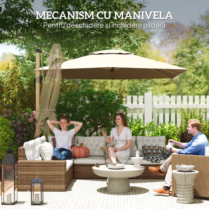 Outsunny Umbrelă de Grădină Suspendată Înclinabilă cu Bază în Cruce UPF50+, Kaki