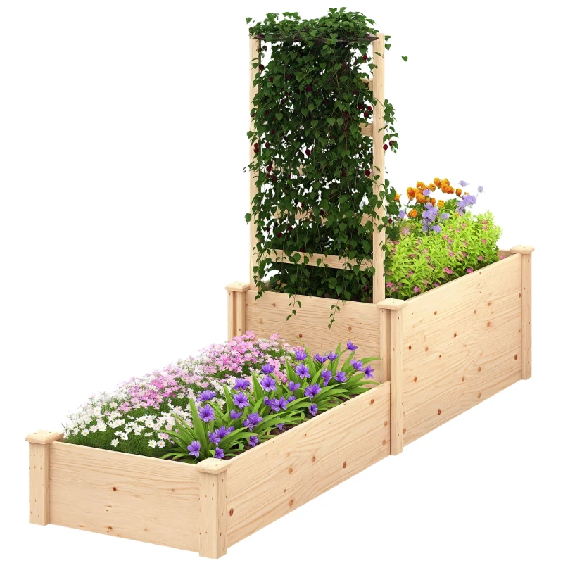 Outsunny Jardinera Elevada con Celosía de Madera para Plantas Trepadoras y 2 Cajas de Cultivo  222x63x132 cm Natural