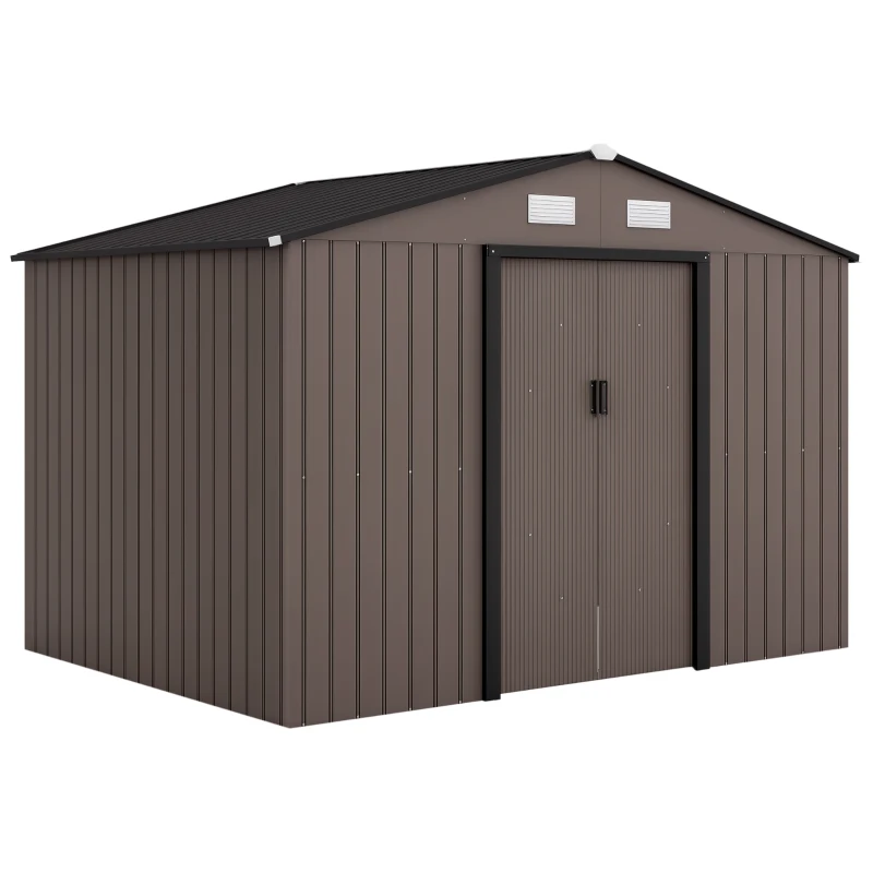 Outsunny Casetta da Giardino con 4 Prese d'Aria e 2 Porte Scorrevoli in Acciaio, 277x195x192 cm, Marrone