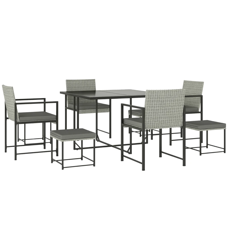 Outsunny Conjunto de Móveis de Jardim de Vime de 9 Peças com Mesa com Vidro Temperado 4 Cadeiras 4 Bancos Cinzento