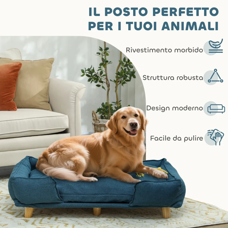 PawHut Divano Lettino per Cani Grandi fino 30 kg da Interno con Cuscino Rimovibile, 96x66x24 cm, Blu