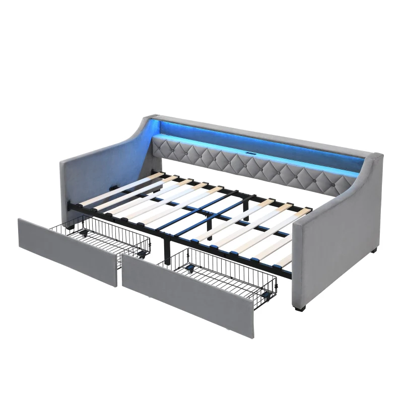 3FT Sofa Bed with 2 Drawers on Wheels, Light Strip, Charging Port, Upholstered Single Bed with Velvet Finish, 206L x 104W x 74H cm, Grey