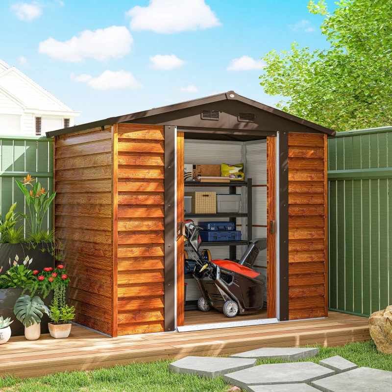 Outsunny Abrigo de Jardim 3m² 152x235,7x208,7 cm Abrigo de Jardim com 2 Portas de Correr e 4 Janelas de Ventilação Madeira e Marrom