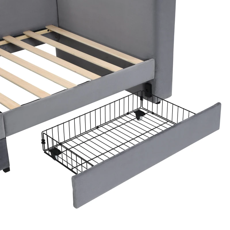 3FT Upholstered Single Bed with 2 Drawers, Side Compartments, Easy Assembly, Daybed Sofa Bed with Storage, 223.5L x 101W x 74.5H cm, Grey