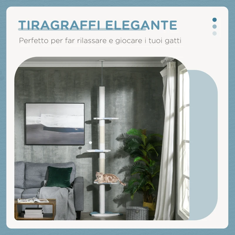 PawHut Albero Tiragraffi per Gatti a Soffitto con Palo Regolabile da 225-255 cm, Pallina e Piattaforme, Bianco