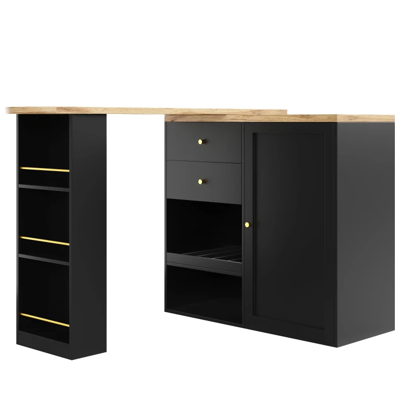 360° Swivelling Bar Table with 2 Drawers, Multi-Tiered Side Shelves, Storage Cabinet for Study, Living Room, 193L x 39W x 104H cm, Black