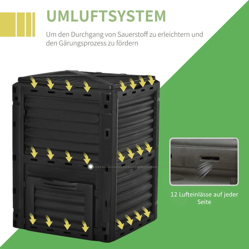Outsunny Gartentopfkomposter 300L Komposter für Garten aus Polypropylen 48 Belüftungsöffnungen 60,5 x 60,5 x 81,5 cm schwarz