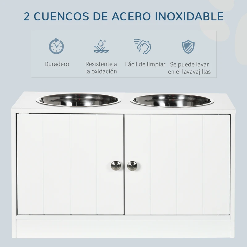 PawHut Comedero Elevado para Perros Grandes con 2 Cuencos de 2000ml y Almacenamiento Oculto 60x30x35,5 cm Blanco