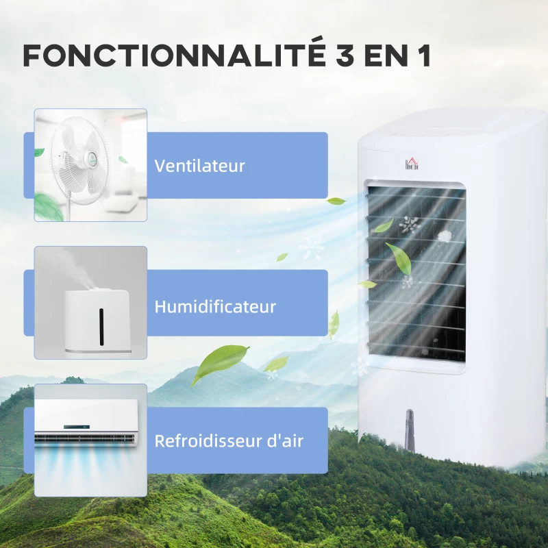 HOMCOM Refroidisseur d'air par évaporation portable 3 en 1 avec oscillation automatique, minuterie 7,5 heures, télécommande