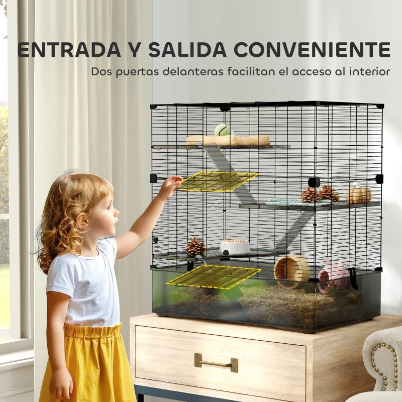 PawHut Jaula para Animales Pequeños con Múltiples Niveles Bandeja y Accesorios Incluidos 73x47x80 cm Negro