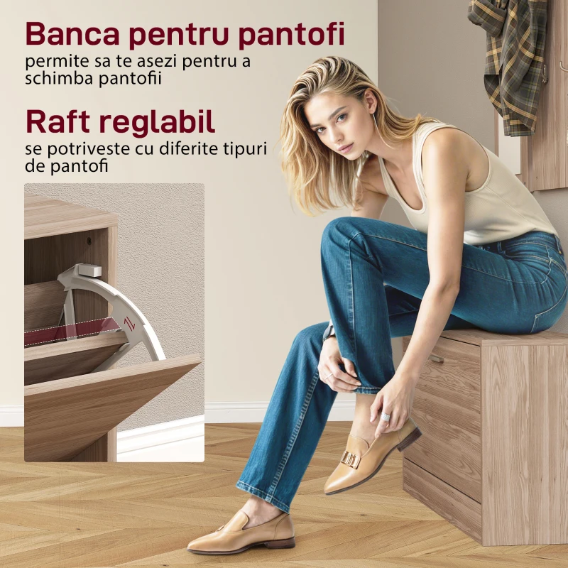 HOMCOM Set Mobilier Hol cu Bancă Pantofar, Cuier și Oglindă din Lemn