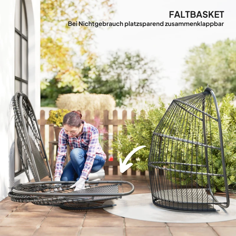 Outsunny Hängesessel Hängekorb mit Kissen Polyrattan Schaukel Outdoor Indoor faltbar belastbar bis 150kg Dunkelgrau
