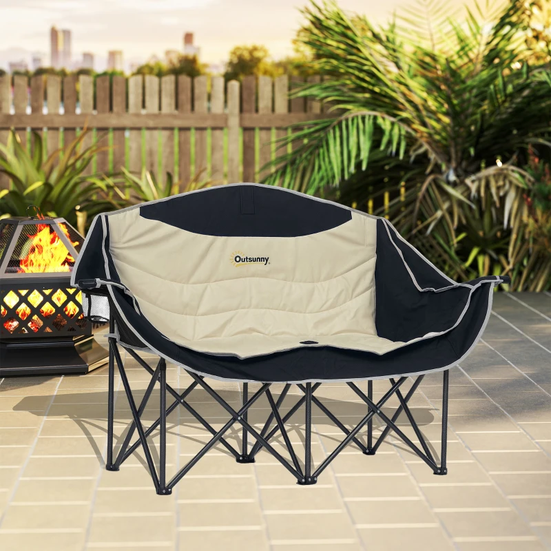 Outsunny Faltstuhl faltbar 2 Sitzer Campingstuhl mit Getränkehalter Tragetasche bis 250kg belastbar Khaki