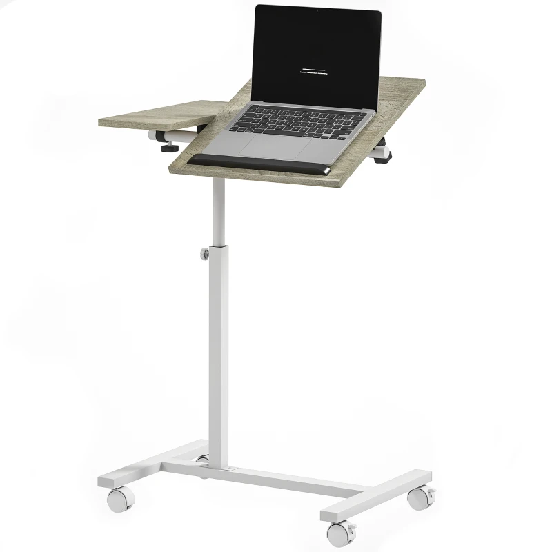 HOMCOM Mesa Auxiliar con Ruedas Altura Ajustable Superficie Inclinable y Marco de Metal 57x40x67,5-101 cm Roble y Blanco