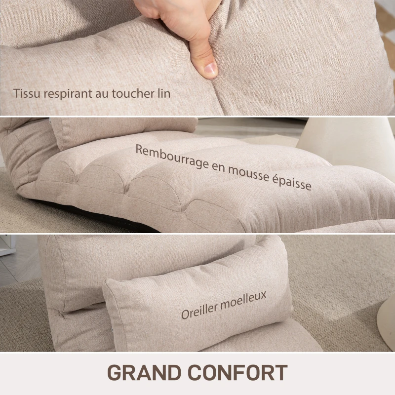 HOMCOM Chauffeuse 1 place fauteuil convertible avec dossier et appui-tête réglables sur 5 positions, 58x119x78cm, beige(m-5)