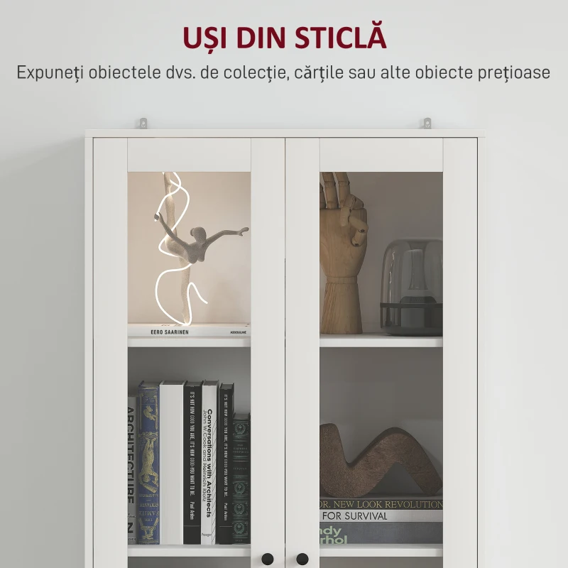 HOMCOM Dulap de Bucătărie cu Uși din Sticlă, 2 Sertare și Rafturi Reglabile Alb