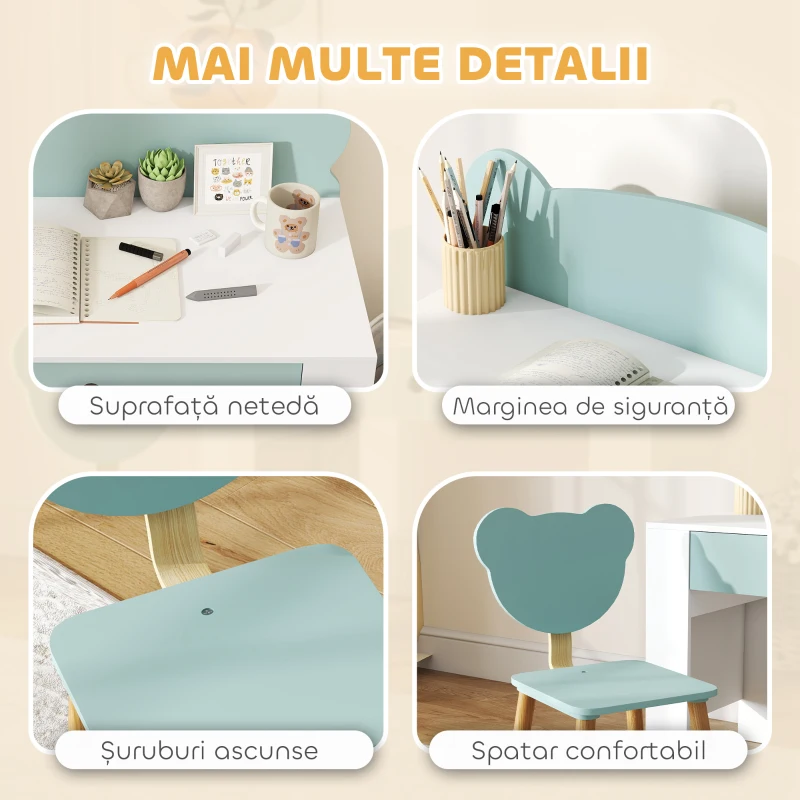 AIYAPLAY Set Birou cu Sertar și Scaun Ursuleț pentru Copii 3-8 Ani Verde