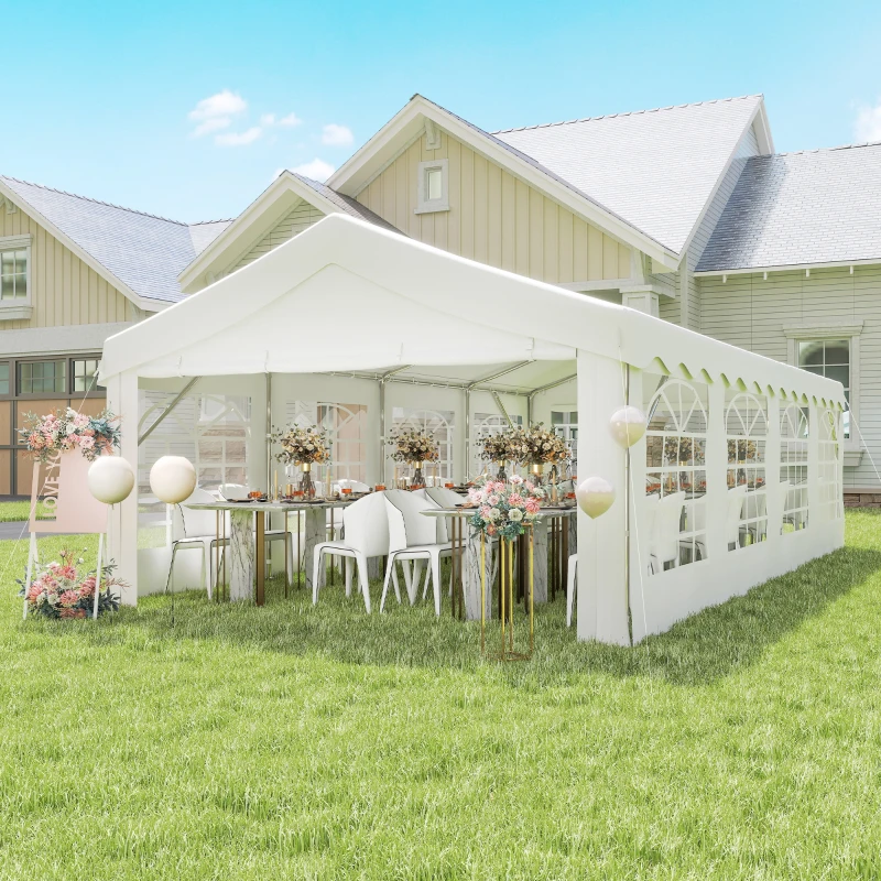 Outsunny Carpa de Jardín 8x4 m Pérgola Cenador Pabellón Cochera Gazebo con 4 Paneles Laterales y 8 Ventanas para Fiestas Blanco
