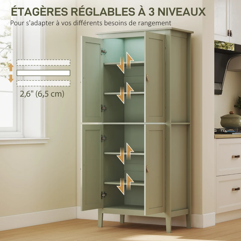 HOMCOM Buffet cuisine, meuble cuisine rangement haut avec LED réglable et détecteur de mouvement, 80 x 40 x 176,5 cm, vert