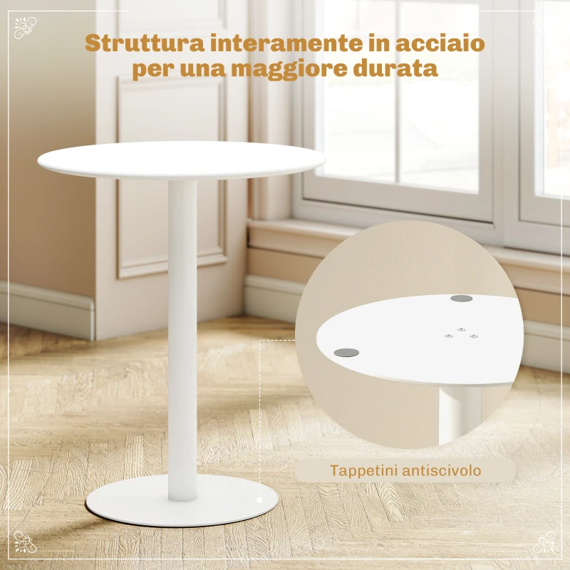 HOMCOM Tavolo da Cucina Rotondo per 2 Persone dal Design Moderno in Acciaio, Ø60x72 cm, Bianco