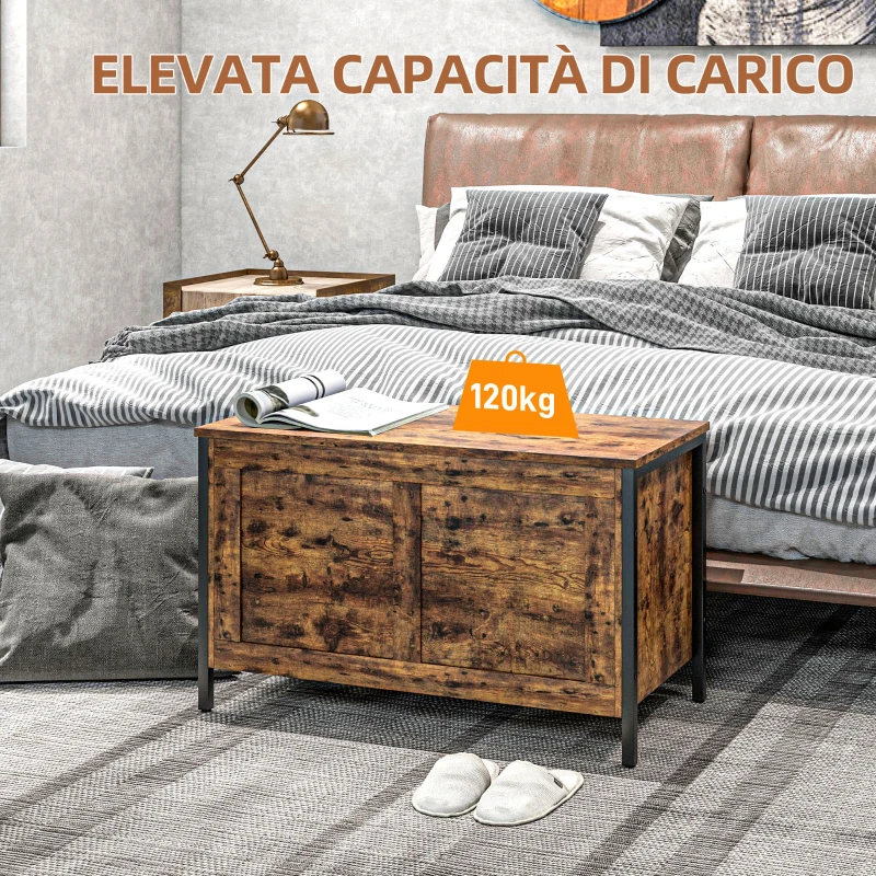 HOMCOM Cassapanca in Legno da 95L Stile Industriale con Coperchio e Cerniera di Sicurezza, 80x40x49cm, Marrone